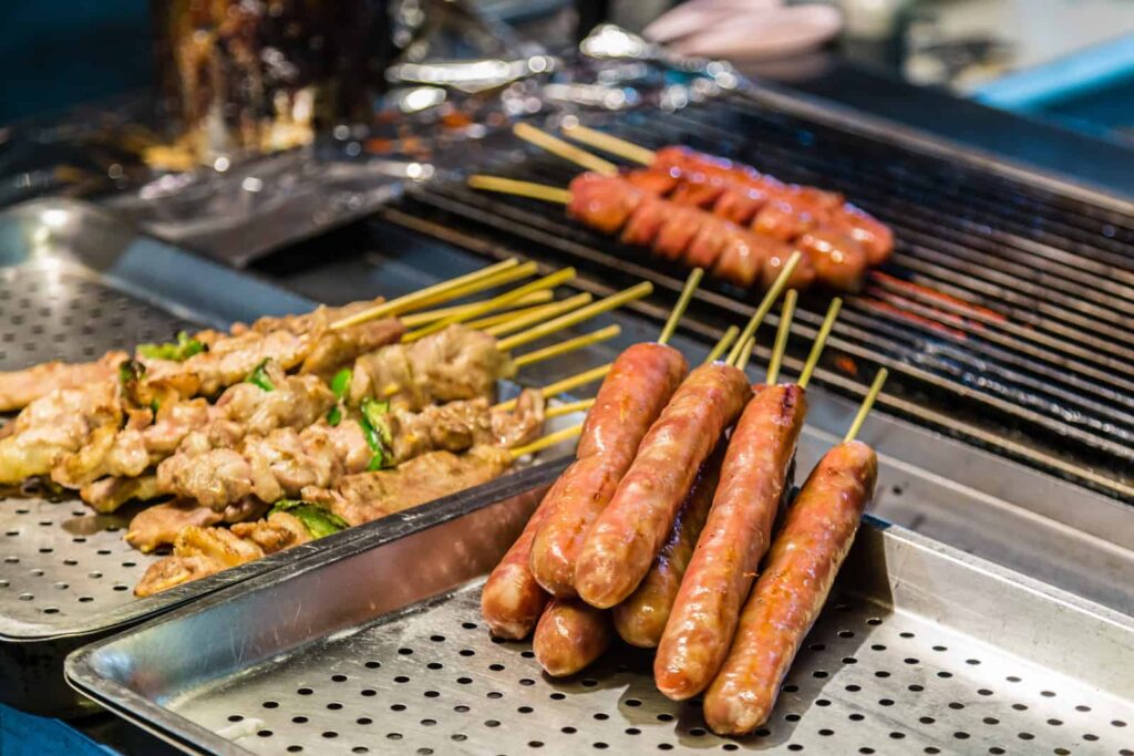 Taiwan food markets. Taiwanese sausages and food sticks